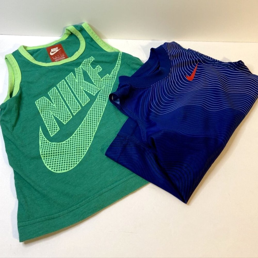 Nike Set of 2 Muscle Tanks Boys Size 3T Green Cotton Red White & Blue Dri-Fit